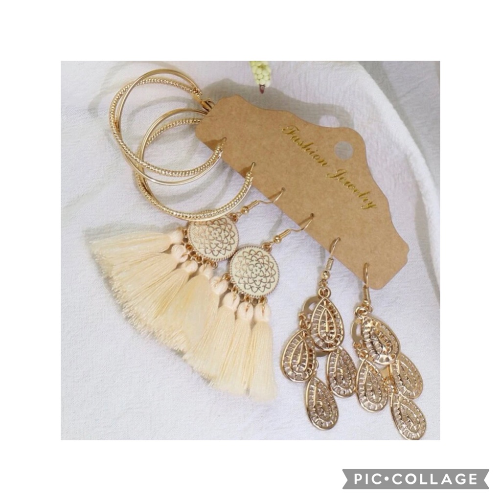 3prs Of Pretty Quality Gold Hanging Water Drop Design, Tassel And Hoop Earrings